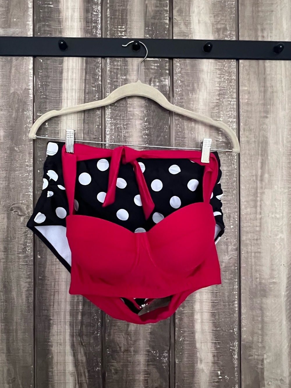 Red Bandeau Bikini Top with Black & White Polka Dot High-Waist Bottoms
